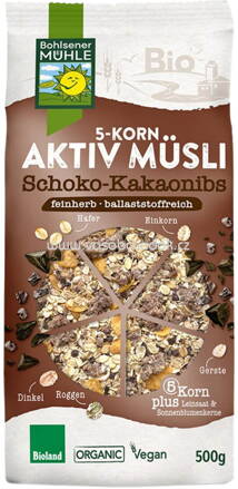 Bohlsener Mühle 5-Korn Aktiv Müsli Schoko Kakaonibs, 500g