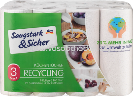 Saugstark&Sicher Recycling Küchentücher, 3-lagig, Halb-Blatt 8x140 Blatt, 8 Rollen