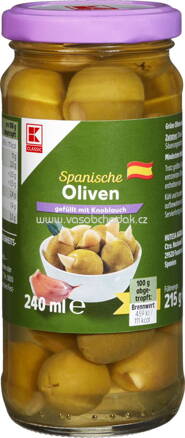 K-Classic Spanische Oliven gefüllt mit Knoblauch, 215g