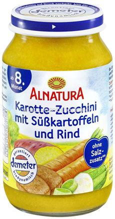 Alnatura Karotte-Zucchini mit Süßkartoffeln und Rind ab 8. Monat, 220g