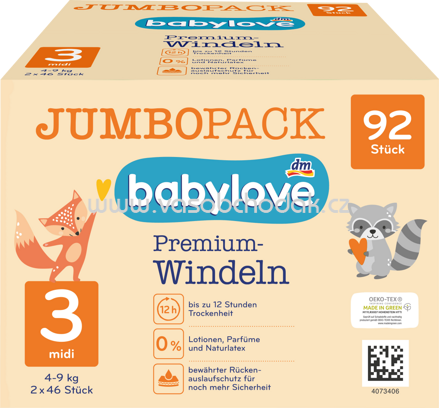 Babylove Windeln Premium Gr. 3 Midi, 4-9 kg, Jumbo Pack, 92 St