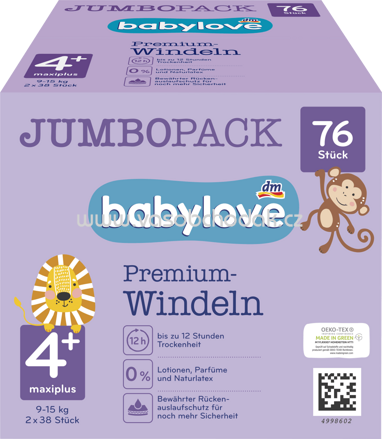 Babylove Windeln Premium Gr. 4+ Maxiplus, 9-15 kg, Jumbo Pack, 76 St