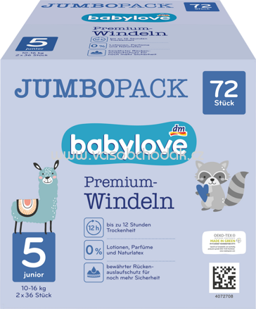 Babylove Windeln Premium Gr. 5 Junior, 10-16 kg, Jumbo Pack, 72 St