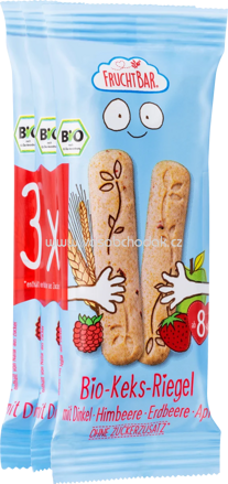 FruchtBar Bio Keks Riegel mit Dinkel, Himbeere, Erdbeere, Apfel, ab 8. Monaten, 3x30g, 90g