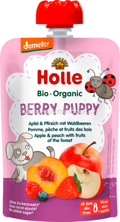 Holle baby food Quetschbeutel Berry Puppy, Apfel & Pfirsich mit Waldbeeren, ab 8 Monaten, 100g