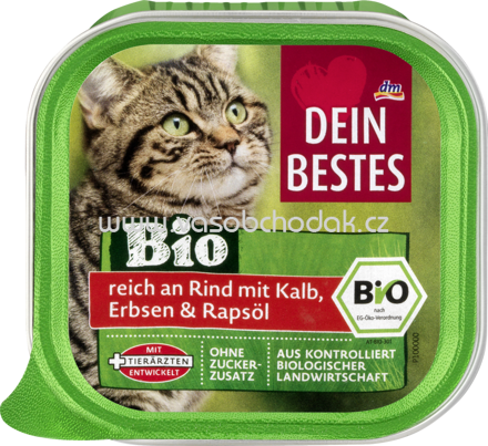 Dein Bestes Bio Nassfutter für Katzen, reich an Rind mit Kalb, Erbsen und Rapsöl, 100 g