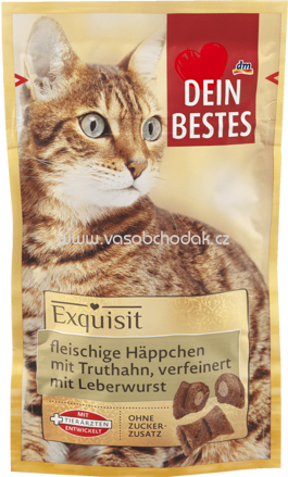 Dein Bestes Exquisit Snack für Katzen, fleischige Häppchen mit Truthahn, verfeinert mit Leberwurst, 40 g