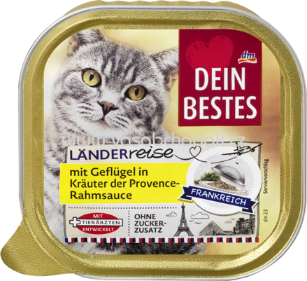 Dein Bestes Nassfutter für Katze, Länderreise Frankreich mit Geflügel in Kräuter der Provence-Rahmsauce, 100 g