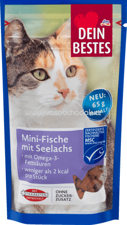 Dein Bestes Snack für Katzen, Fisch-Minis mit Seelachs & wertvollen Omega-3-Fettsäuren, 65 g