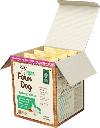 Green Petfood Trockenfutter für Hunde, FarmDog, Active, getreidefrei mit Tierschutz-Hühnchen & roter Linse, Sparpaket 3x900g, 2,7 kg - ONL