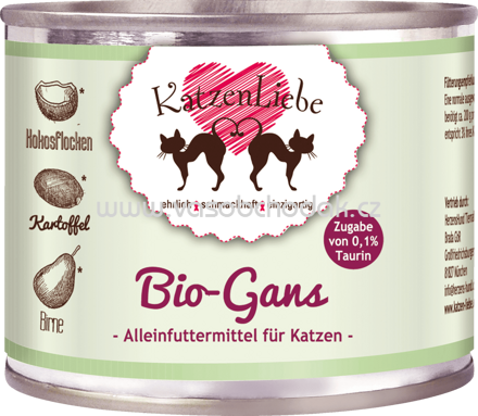 KatzenLiebe Nassfutter für Katzen, Bio-Gans mit Bio-Kartoffel, Bio-Birne, Bio-Kokosflocken, Taurin, 200 g - ONL