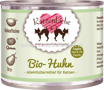 KatzenLiebe Nassfutter für Katzen, Bio-Huhn mit Bio-Quinoa, Bio-Birne, Bio-Kokosflocken, Taurin, 200 g - ONL
