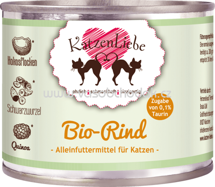KatzenLiebe Nassfutter für Katzen, Bio-Rind mit Bio-Schwarzwurzel, Bio-Quinoa, Bio-Kokosflocken, Taurin, 200 g - ONL