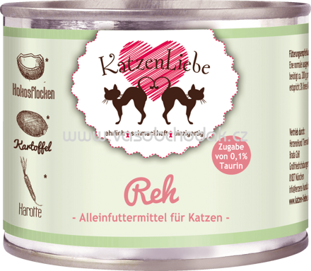 KatzenLiebe Nassfutter für Katzen, Reh mit Bio-Karotte, Bio-Kartoffel, Bio-Kokosflocken, Taurin, 200 g - ONL