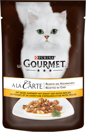 Purina Gourmet A la Carte mit Huhn, garniert mit Spinat und Pasta-Perlen, 85g